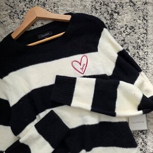 Calligraphe Black & White Striped Sweater Embroidered Heart Wmns XL Gothic Chic